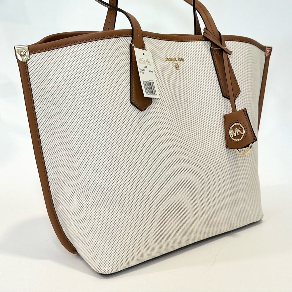 Michael Kors Jane Large Canvas Tote Carryall Bag in Natural - Picture 4 of 13